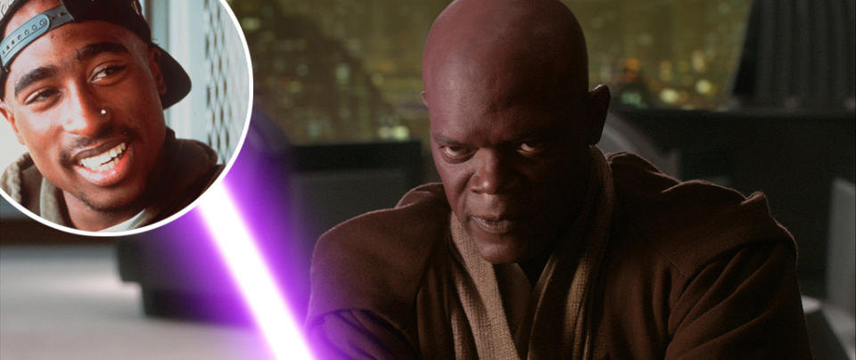 Tupac Shakur - inset, and Samuel L. Jackson as Mace Windu