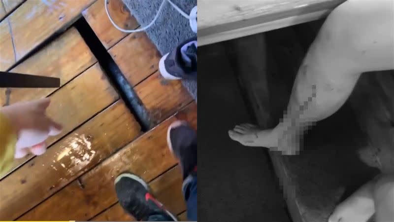 人妻控訴苗栗1間知名溫泉飯店湯屋木頭地板陷落，導致丈夫被鐵釘刺傷，事發至今1個月業者僅送一盒水果禮盒，目前已報警提告。（圖／翻攝自PTT）