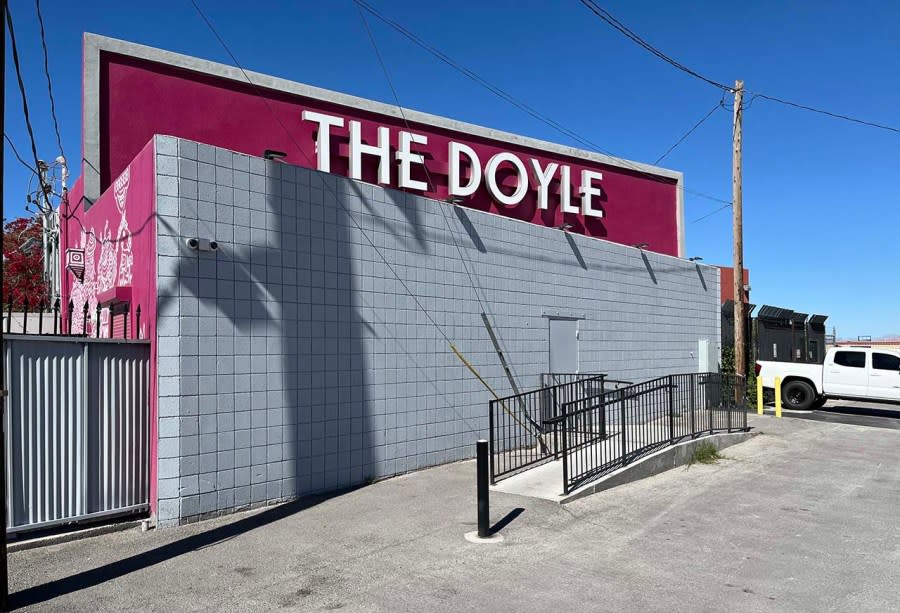 <em>The front of The Doyle events venue on Mesquite Avenue. (Greg Haas / 8NewsNow)</em>