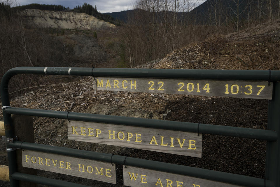 The Oso landslide scar is seen near a sign at the memorial site on Saturday, Feb. 17, 2024, in Oso, Wash. The mountainside collapsed, obliterating a neighborhood and 43 lives in the worst landslide disaster in U.S. history. (AP Photo/Jenny Kane)