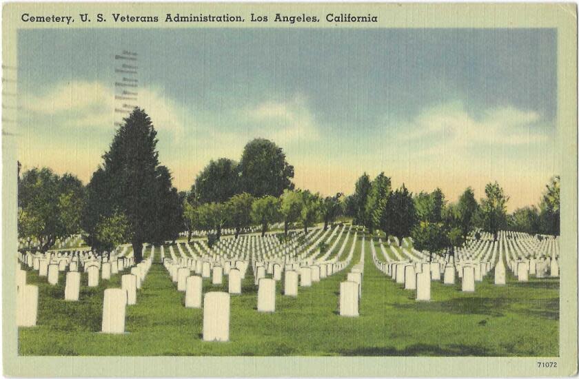 White headstones form long rows in an expansive lawn on a vintage postcard.