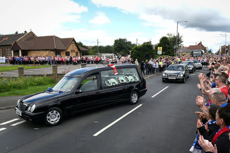 The hearse carrying the coffin of Bradley Lowery departs St Joseph's Church after his funeral service, in Blackhall Colliery, Britain July 14, 2017. REUTERS/Mary Turner