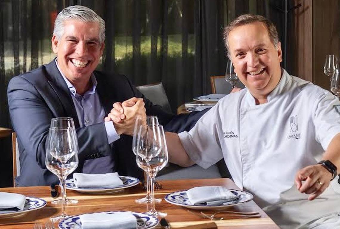 Adrian Burciaga, left, and Coahuila cabrito chef Juan Ramón Cárdenas are partners in Don Artemio Mexican Heritage.