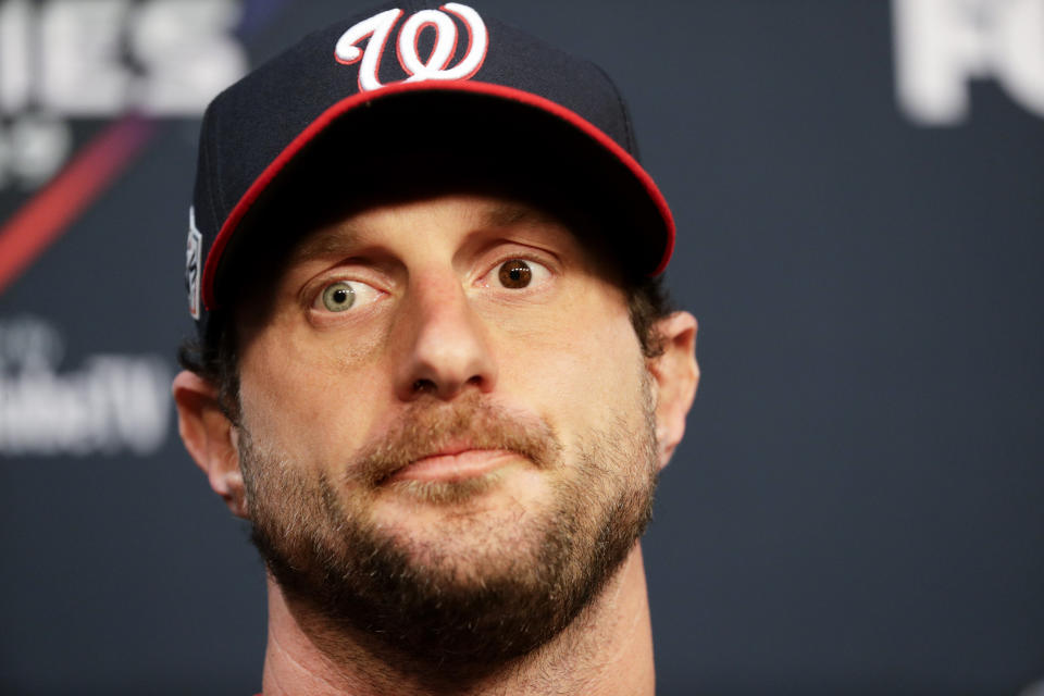 Washington Nationals starting pitcher Max Scherzer speaks during a news conference for baseball's World Series Monday, Oct. 21, 2019, in Houston. The Houston Astros face the Washington Nationals in Game 1 on Tuesday. (AP Photo/Eric Gay)