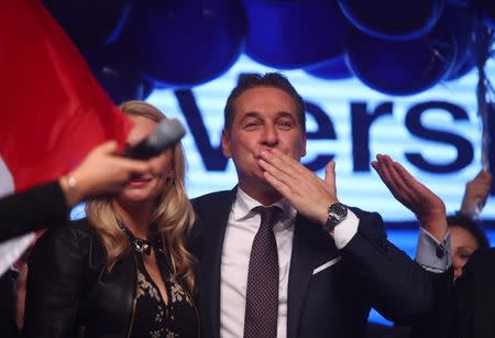 Top candidate and head of far-right Freedom Party (FPOe) Heinz-Christian Strache attends his party meeting after Austria's general election in Vienna, Austria, October 15, 2017. REUTERS/Michael Dalder