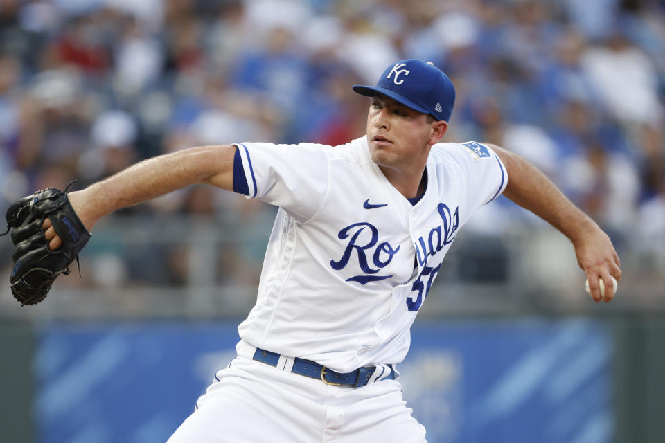 Kansas City Royals pitcher Kris Bubic delivers to a Seattle Mariners batter during the first inning of a baseball game at Kauffman Stadium in Kansas City, Mo., Saturday, Sept. 18, 2021. (AP Photo/Colin E. Braley)