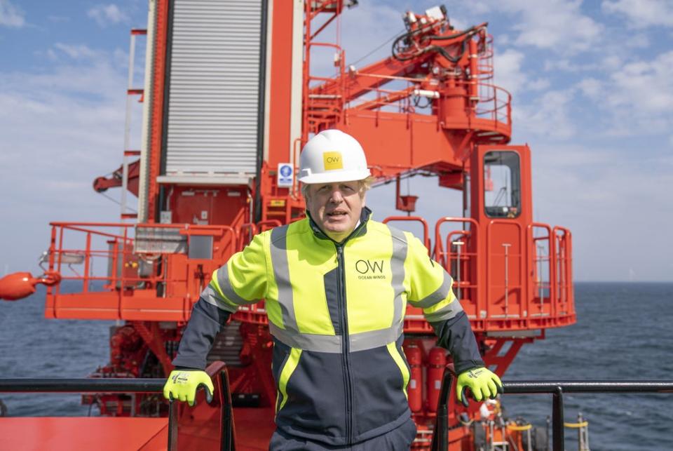 Prime Minister Boris Johnson onboard the Esvagt Alba during a visit to the Moray Offshore Windfarm East, off the Aberdeenshire coast (Jane Barlow/PA) (PA Wire)