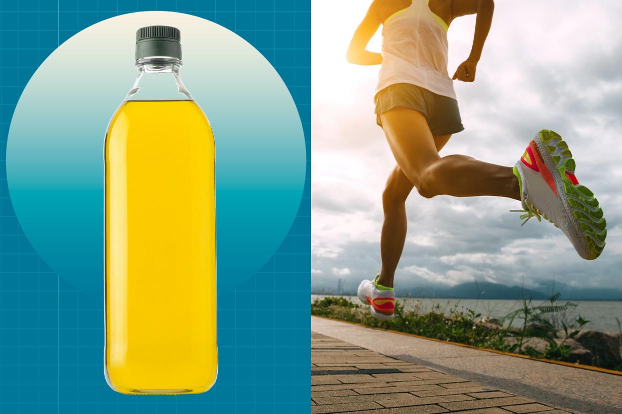 a side by side of olive oil in a bottle and someone running