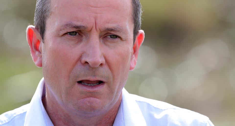 Premier of Western Australia Mark McGowan speaks to the media during a press conference in Perth, Saturday, March 28, 2020. (AAP Image/Richard Wainwright) NO ARCHIVING