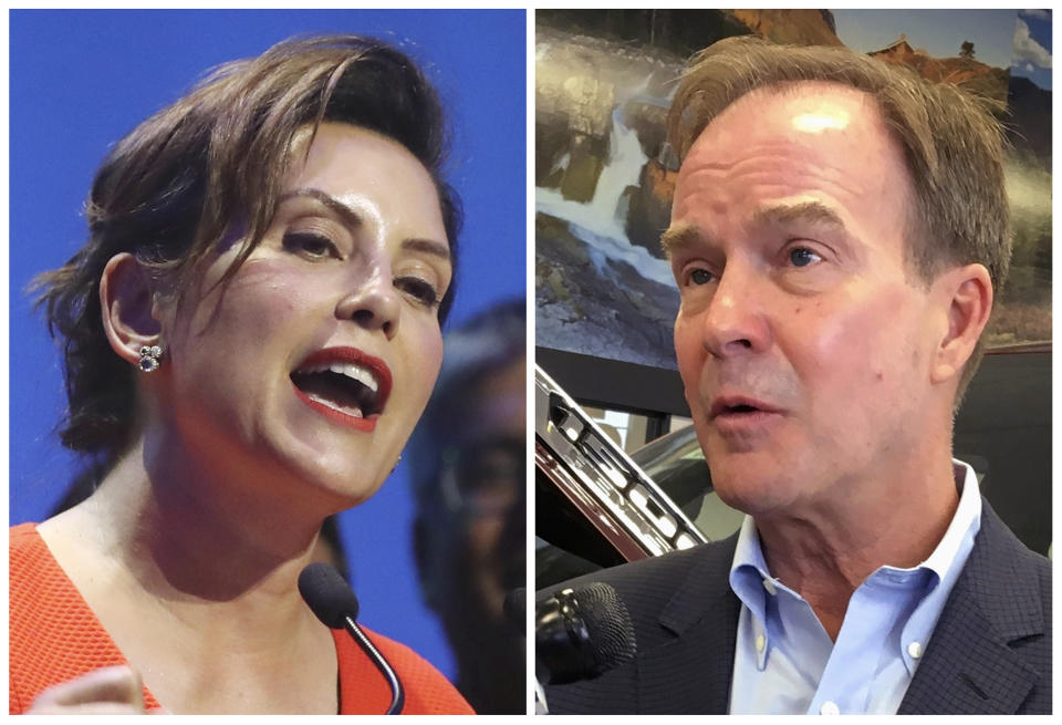 FILE - This combination of file photos shows Michigan gubernatorial candidates, Democrat Gretchen Whitmer, left, and Republican Bill Schuette. President Donald Trump has supported Schuette in his run for governor against Whitmer. That may have helped Schuette in a competitive GOP primary, but it could cost him some support in the general election. (AP Photo/File)