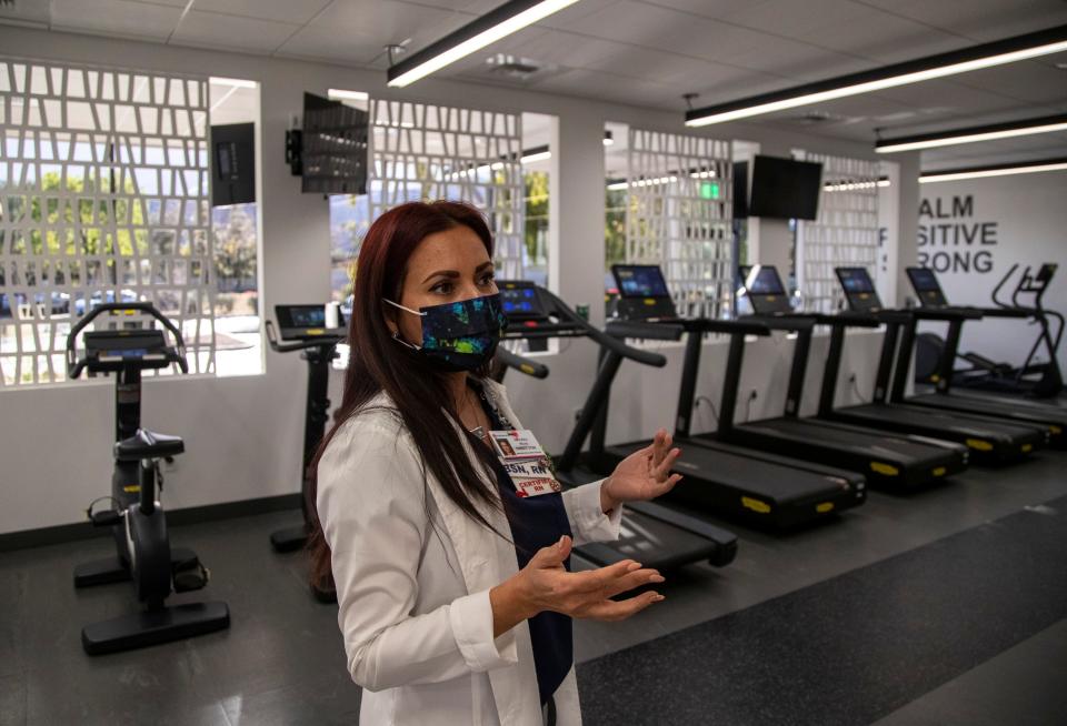 Renker Wellness Center Director Melissa Mead talks about the programs available to patients at the Renker Wellness Center on the Eisenhower Health campus in Rancho Mirage, Calif., Thursday, Feb. 23, 2023. The new center opened Feb 2023 doubling the available space to 10,000 square feet allowing for new and expanded programs to serve cardiac, pulmonary and vascular patients. 