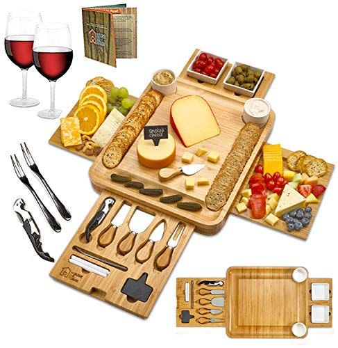 Cheese Board 2 Ceramic Bowls 2 Serving Plates. Magnetic 4 Drawers Bamboo Charcuterie Cutlery Knife Set, 2 Server Forks, Wine Opener, Labels, Markers, Gift for Birthdays, Wedding Registry,Housewarming