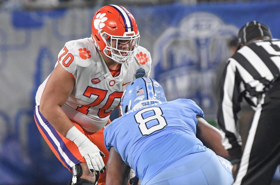 Clemson offensive lineman Tristan Leigh (70) during the fourth quarter of the ACC Championship football game with North Carolina at Bank of America Stadium in Charlotte, North Carolina Saturday, Dec 3, 2022.   