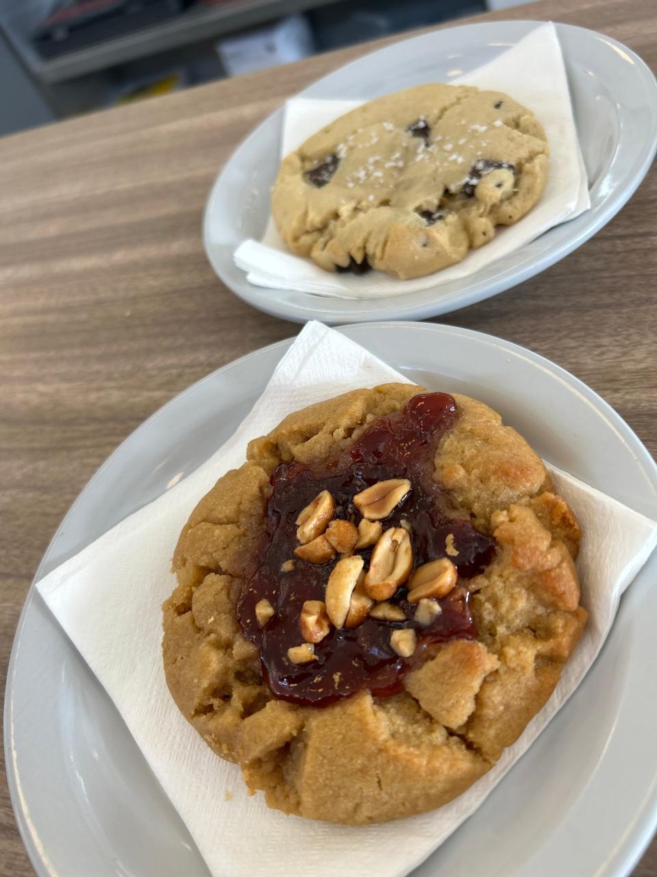 A peanut butter and jelly cookie and dark chocolate chunk cookie at TUSK diner in Barberton.