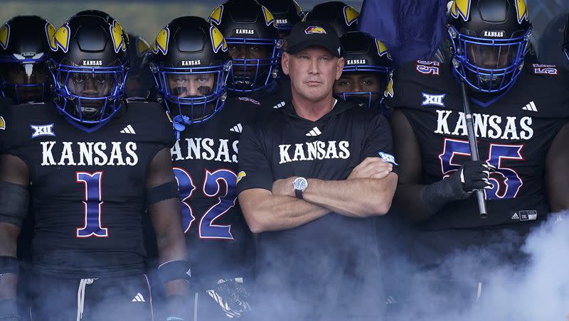 Kansas head coach Lance Leipold waits with his players to run onto the field before a game against Illinois on Friday, Sept. 8, 2023, in Lawrence, Kan.