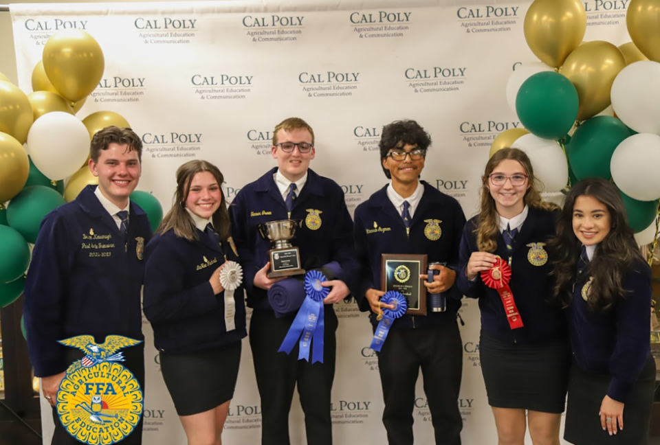 The Anderson High School agronomy team at the state finals on May 6, 2023. Left to right: State Officer Brian Kavanagh, LaNae Fackrell, Owen Gerring, Ricardo Guzman, Madison Fore, State Officer Melanie Orozco Gonzalez.