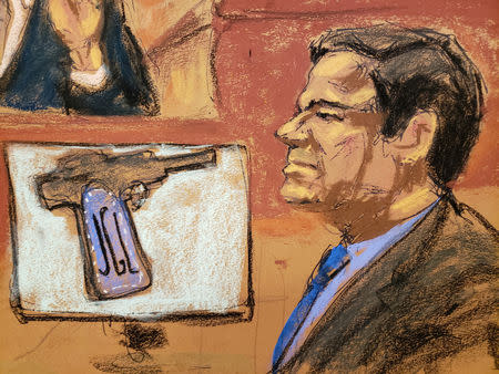 Accused Mexican drug lord Joaquin "El Chapo" Guzman is seen with a handgun on display during a testimony by Drug Enforcement Agency (DEA) agent Victor Vazquez (not shown) in this courtroom sketch in Brooklyn federal court in New York City, U.S., January 17, 2019. REUTERS/Jane Rosenberg