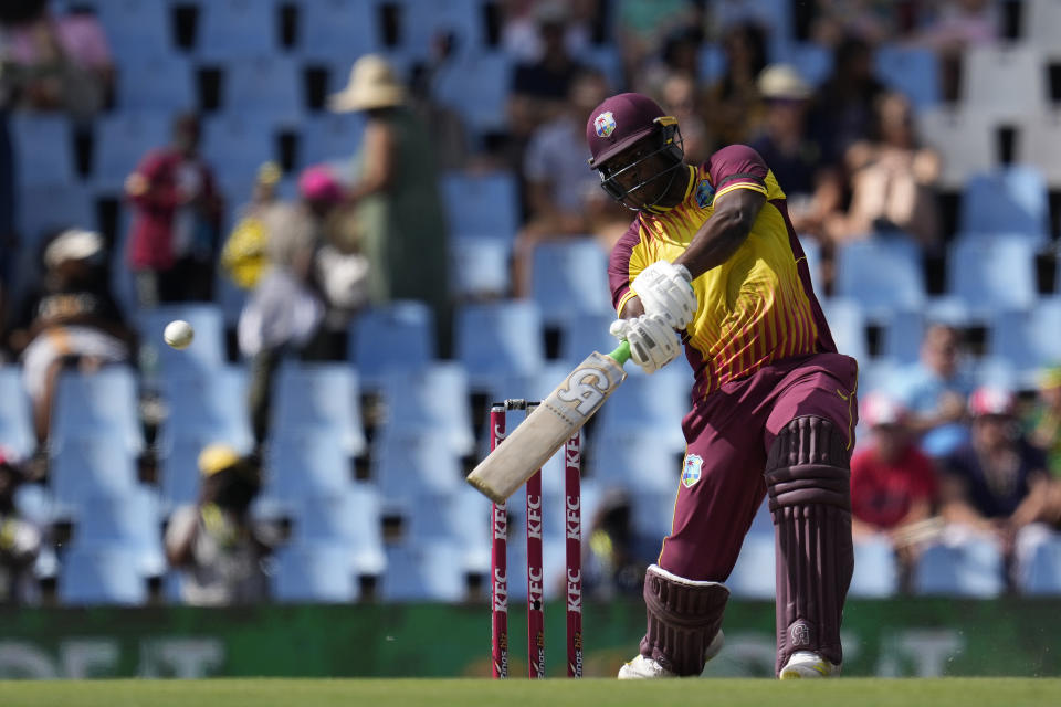 West Indies's batsman Johnson Charles plays a shot during the second T20 cricket match between South Africa and West Indies, at Centurion Park, in Pretoria, South Africa, Sunday, March 26, 2023. (AP Photo/Themba Hadebe)