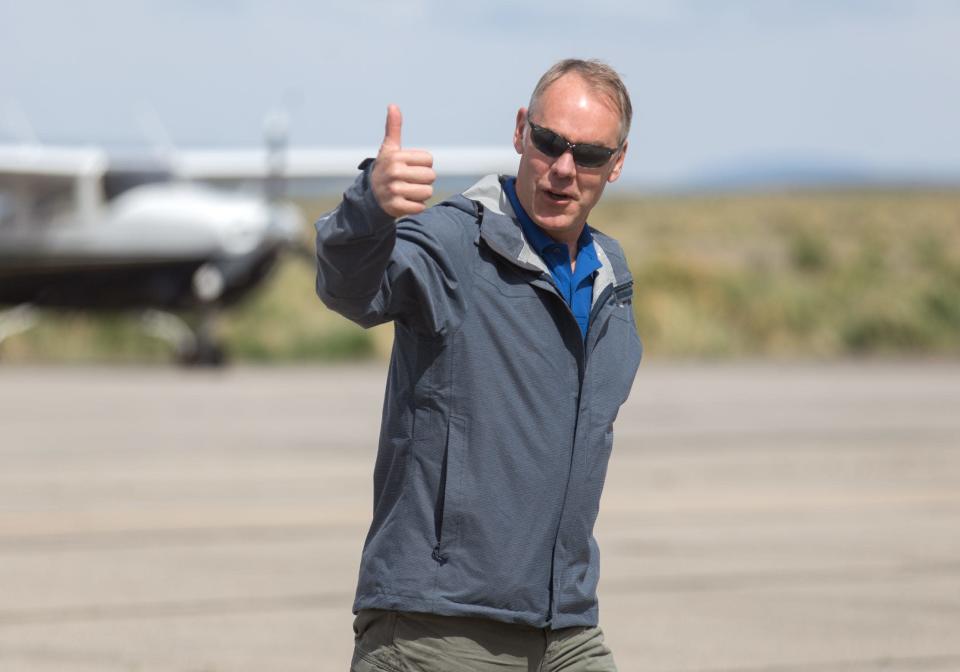 U.S. Interior Secretary Ryan Zinke arrives, Monday, May 8, 2017 at the Blanding Muncipal Airport in Utah during a review of the Bears Ears National Monument designation.