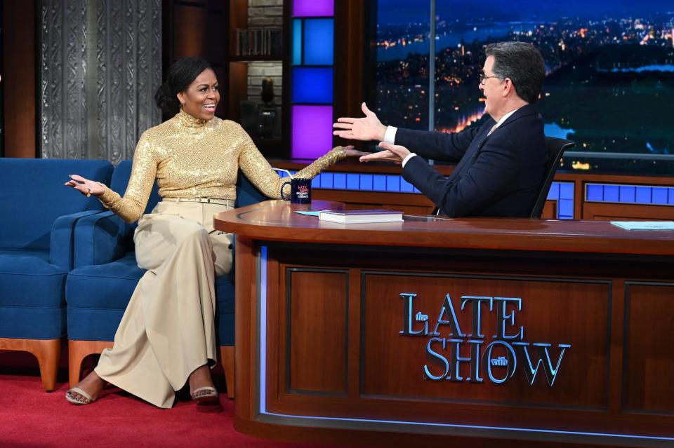 Michelle Obama and Stephen Colbert on November 14, 2022.