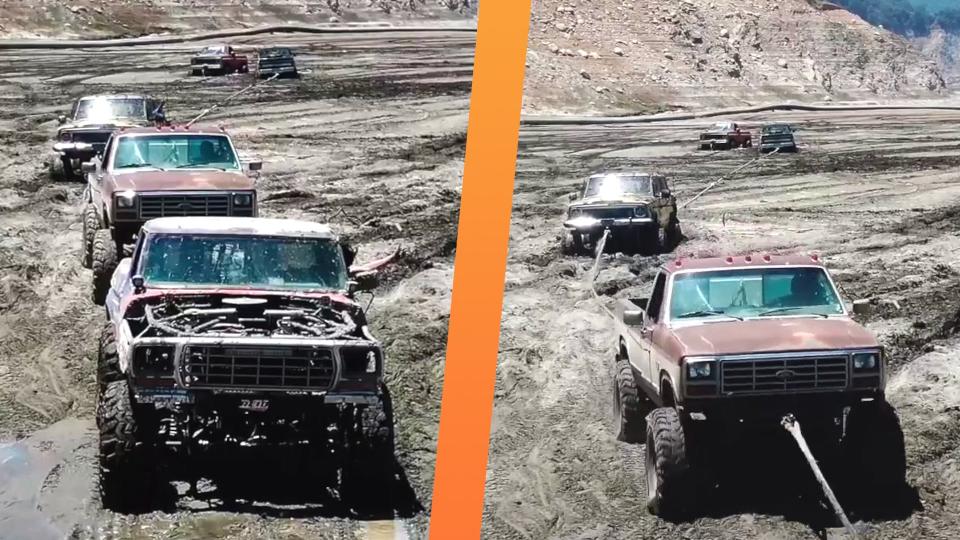 California Off-Roaders Tie Five Trucks Together for One Muddy Recovery photo