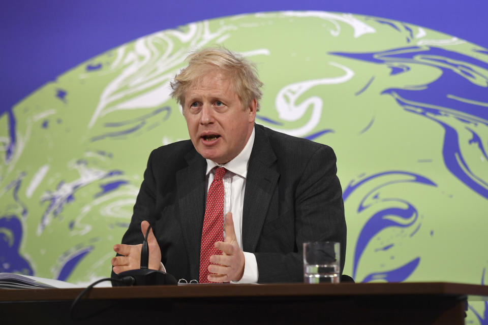 LONDON, ENGLAND - APRIL 22: Britain's Prime Minister Boris Johnson speaks during the opening session of the virtual US Leaders Summit on Climate from the Downing Street Briefing Room on April 22, 2021 in London, England. (Photo by Justin Tallis - WPA Pool/Getty Images)