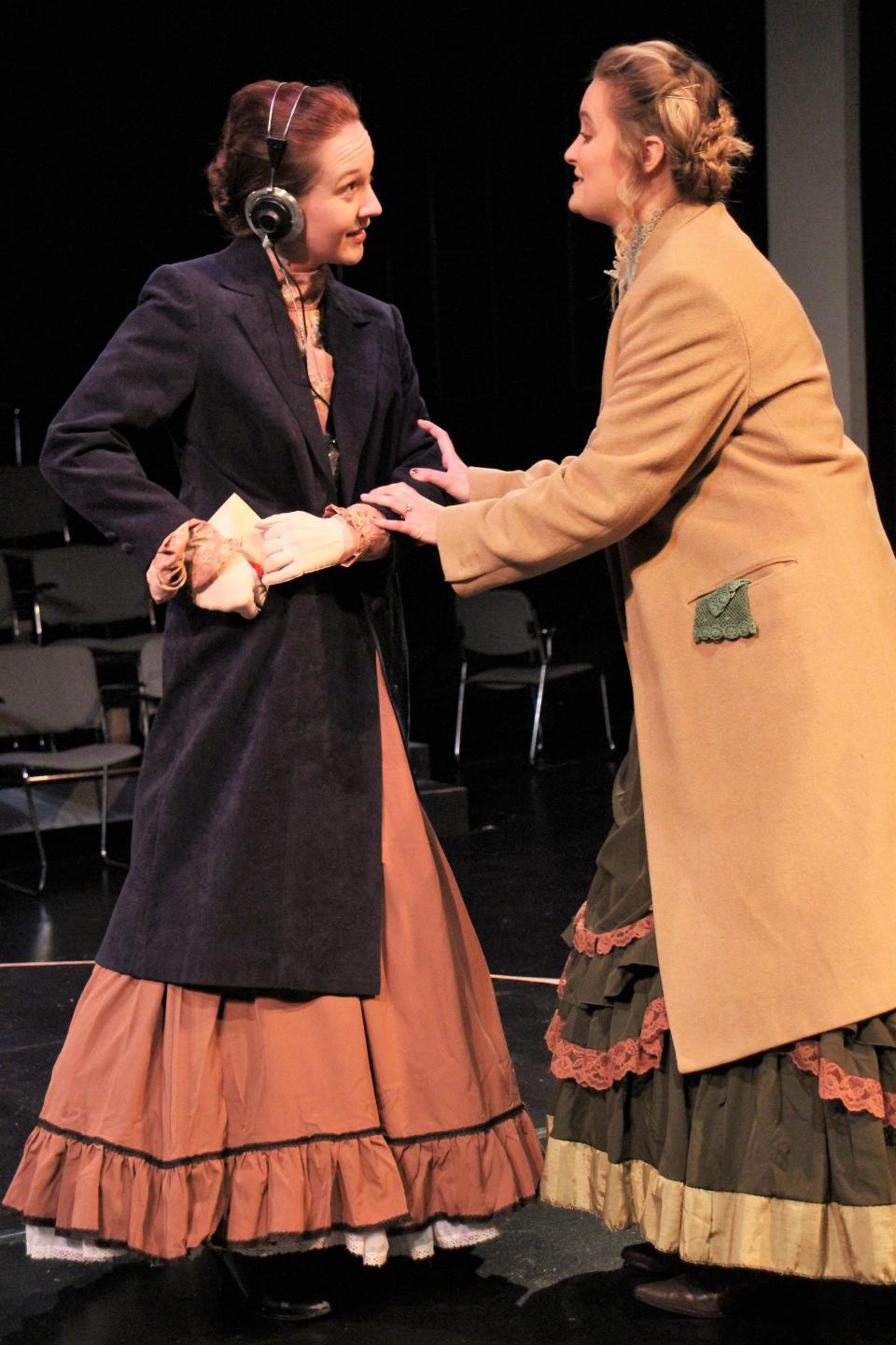 Henrietta Leavitt (Emilie Johns, left) has good news for her sister Margaret (Elyssa Davis) - she is going to Massachusetts to work at the Harvard Observatory, news her sister does not take well in this rehearsal scene from the drama "Silent Sky."