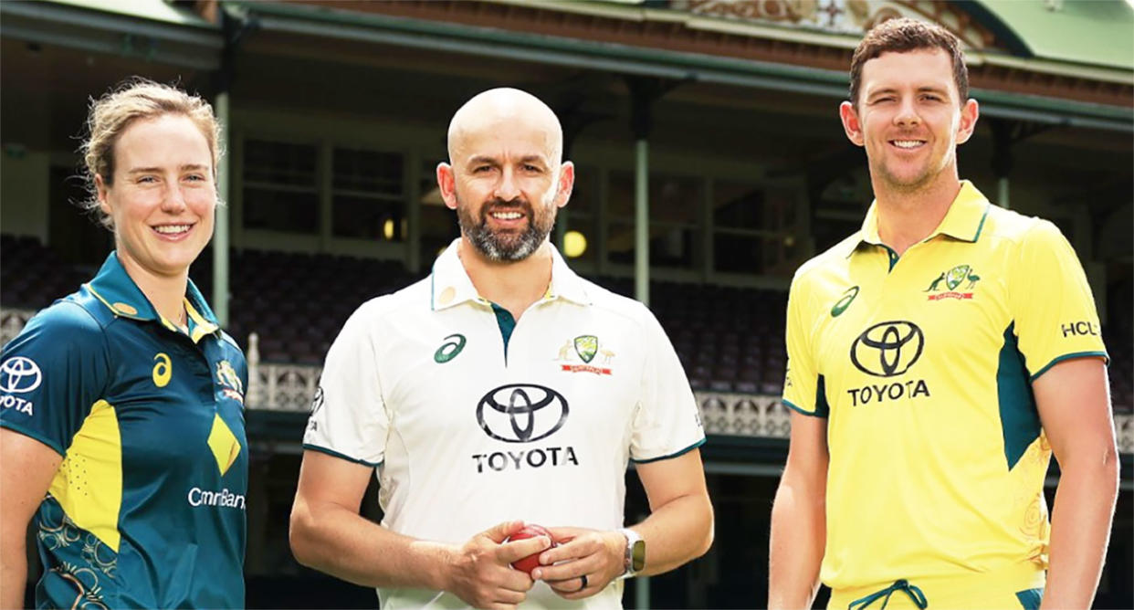 Ellyse Perry, Nathan Lyon and Josh Hazlewood are seen here modelling Cricket Australia's new kits.