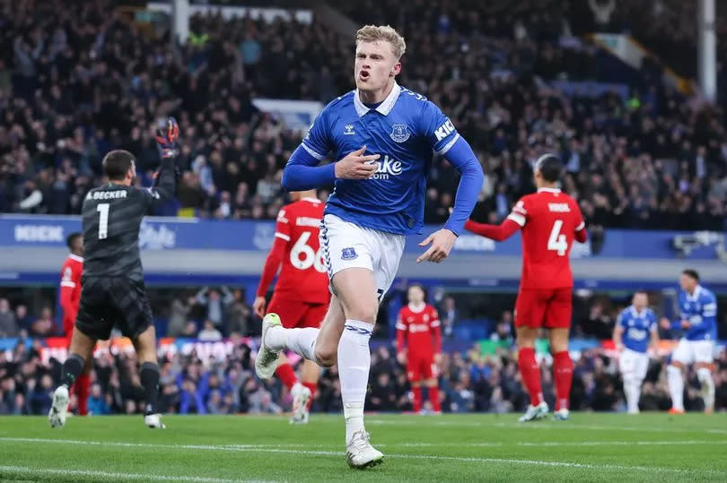 Jarrad Branthwaite wheels away to celebrate after scoring for Everton against Liverpool at Goodison Park in April.