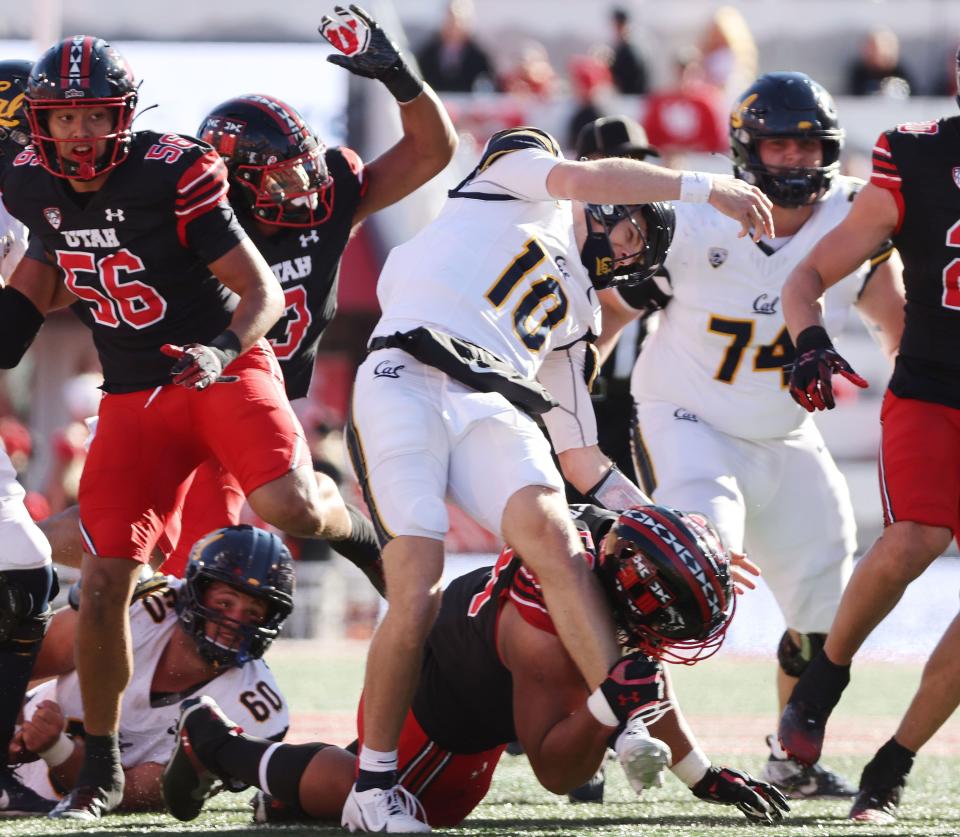 Utah Utes defensive tackle Junior Tafuna (58) hurries California Golden Bears quarterback Ben Finley (10) and was called for roughing in Salt Lake City on Saturday, Oct. 14, 2023. Utah won 34-14. | Jeffrey D. Allred, Deseret News