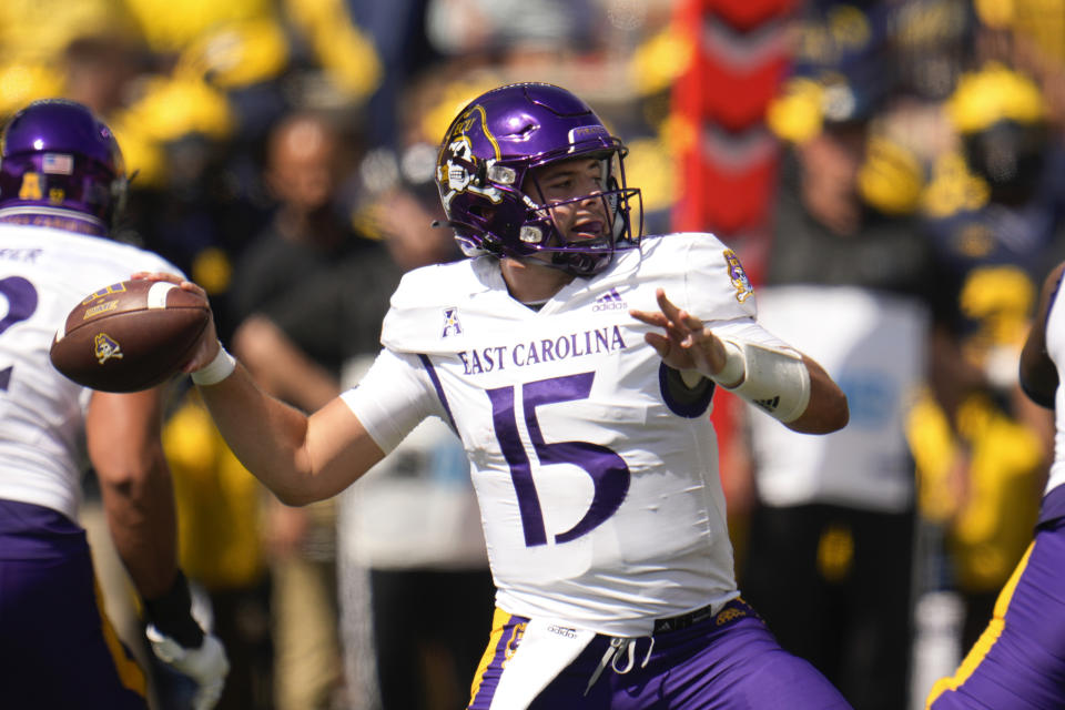 East Carolina quarterback Alex Flinn (15) throws against Michigan in the first half of an NCAA college football game in Ann Arbor, Mich., Saturday, Sept. 2, 2023. (AP Photo/Paul Sancya)