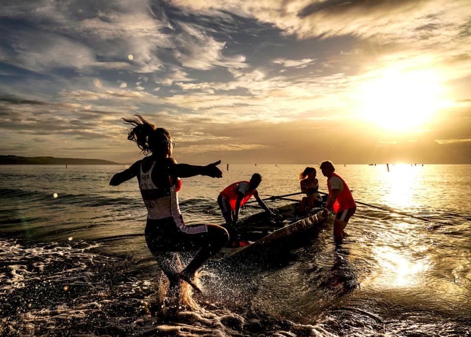 14 October 2022: Germany’s Women’s double skulls during day one of the World Rowing Beach Sprint Finals at Saundersfoot beach, Pembrokeshire (PA)