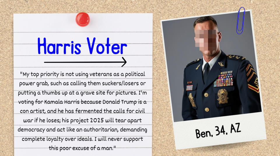 Polaroid of Ben, 34, AZ in military uniform with text: Harris Voter. "My top priority is not using veterans as a political power grab...poor excuse of a man."