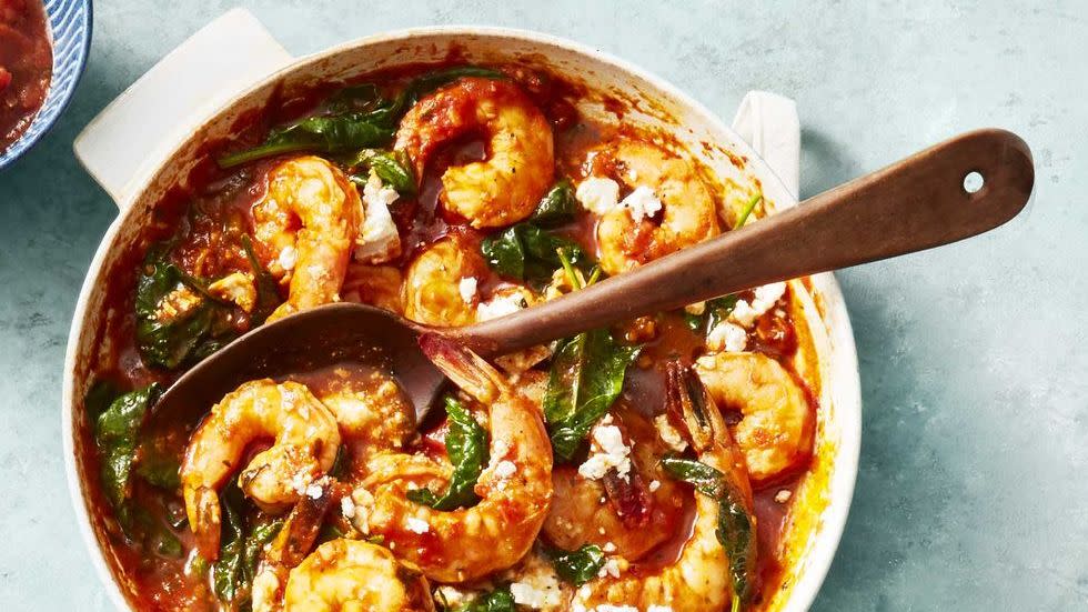 best healthy dinner recipes skillet salsa shrimp with spinach and feta