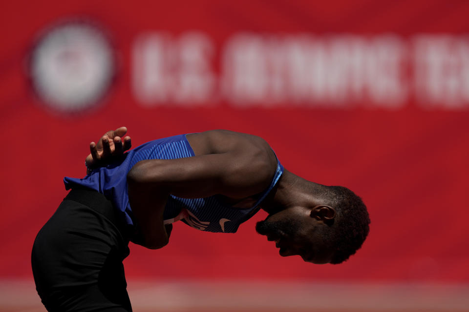 Shelby McEwen celebrates after the finals of the men's high jump at the U.S. Olympic Track and Field Trials Sunday, June 27, 2021, in Eugene, Ore. (AP Photo/Charlie Riedel)