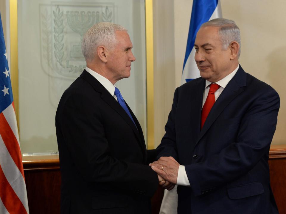US Vice President Mike Pence (left) meets Israeli Prime Minister Benjamin Netanyahu yesterday at the Prime Minister’s office in Jerusalem, Israel: Haim Zach/GPO via Getty