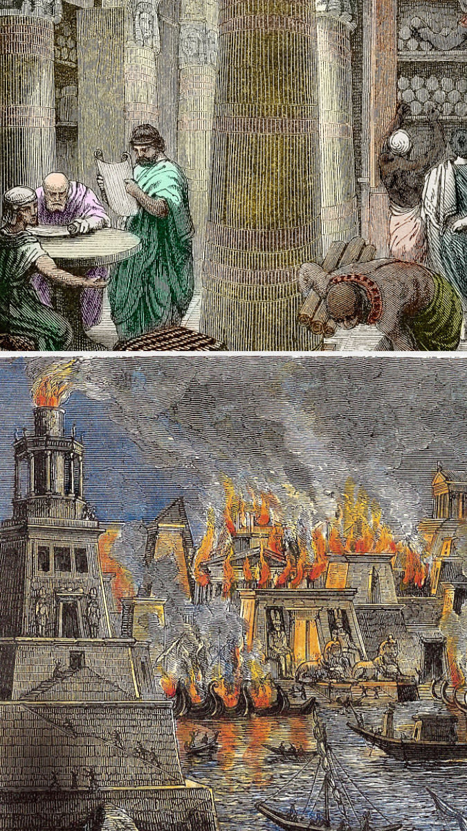 Top: A hall in the Library of Alexandria with men sitting at a table reading scrolls as others sort through scrolls in shelves Bottom: The Library of Alexandria's pillars set on fire as a series of ships ride in through the water surrounding it