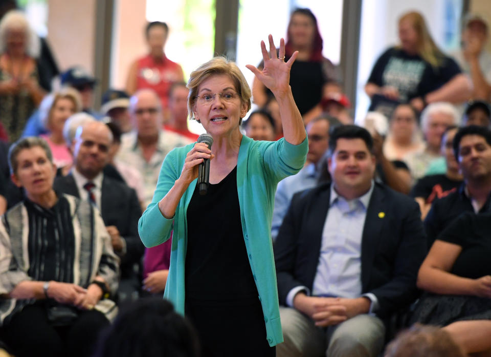 LAS VEGAS, NEVADA - JULY 02:  Democratic presidential candidate U.S. Sen. Elizabeth Warren (D-MA) speaks during a community conversation at the East Las Vegas Community Center on July 2, 2019 in Las Vegas, Nevada. Polls taken after last week's first Democratic presidential debates show Warren gaining ground with voters.  (Photo by Ethan Miller/Getty Images)