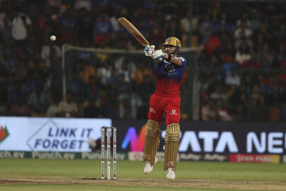 Royal Challengers Bengaluru's Virat Kohli plays a shot during the Indian Premier League cricket match between Royal Challengers Bengaluru and Gujarat Titans in Bengaluru, India, Saturday, May 4, 2024. (AP Photo)