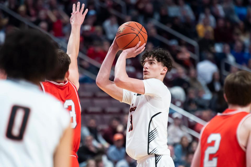 Central York's Ben Rill scores on a mid-range jump shot during the PIAA Class 6A Boys Basketball Championship against Parkland at the Giant Center on March 23, 2024, in Hershey. The Panthers won, 53-51, to capture their first title in program history.