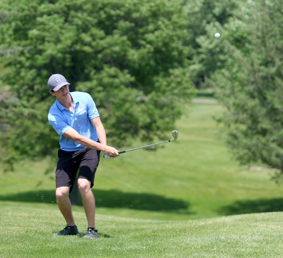 Horseheads' Matt Printup chips onto the 18th green during the New York State Public High School Athletic Association Boys Golf Championships at Elmira's Mark Twain Golf Course on June 6, 2022.