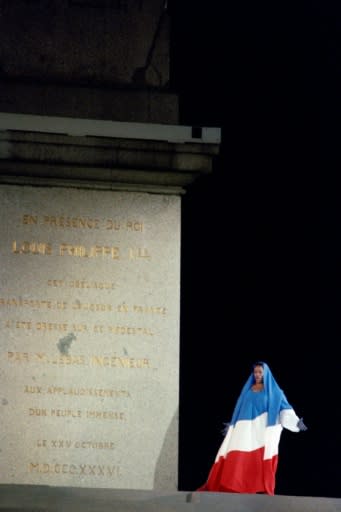 Jessye Norman, shown here in 1989 draped in the French national flag, sings "La Marseillaise" on the Place de la Concorde to commemorate the bicentennial of the French Revolution