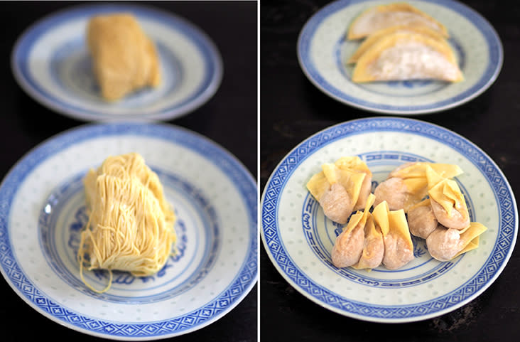 The noodles are frozen and can be kept up to three months. Just defrost them before cooking in boiling water (left). The 'wantans' and dumplings are frozen so cook them straight from the freezer in a pot of boiling water (right)