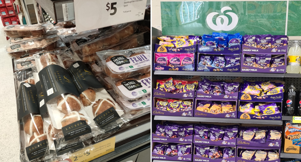 Left: hot cross bun display at Coles, Right: Easter egg display at Woolworths. Source: Facebook