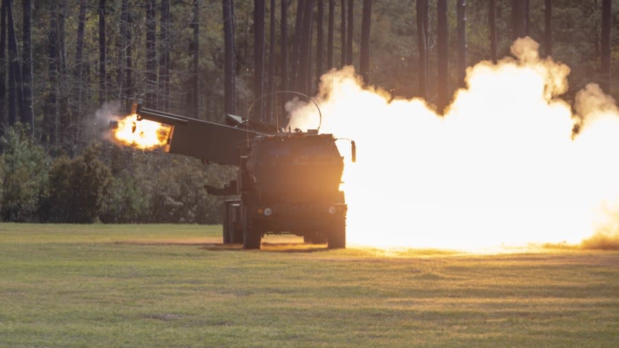 U.S. Marines with 10th Marine Regiment, 2d Marine Division, fire a reduced range practice rocket from a M142 High Mobility Artillery Rocket System during Exercise Rolling Thunder 22-2 on Camp Lejeune, North Carolina, April. 4, 2022. (U.S. Marine Corps photo by Lance Cpl. Megan Ozaki)