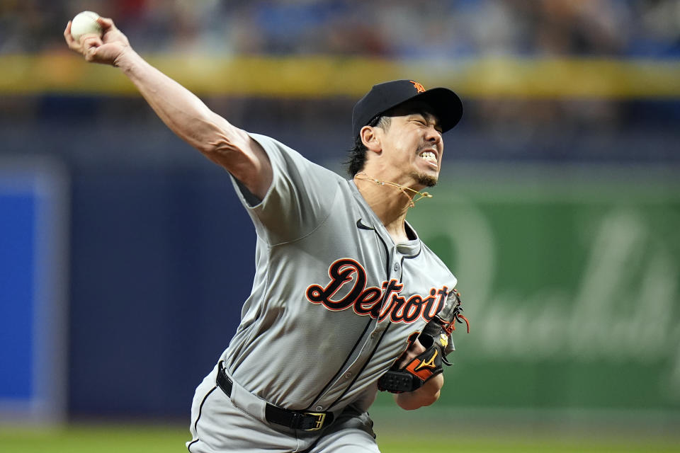 Detroit Tigers' Kenta Maeda, of Japan, pitches to the Tampa Bay Rays during the first inning of a baseball game Tuesday, April 23, 2024, in St. Petersburg, Fla. (AP Photo/Chris O'Meara)