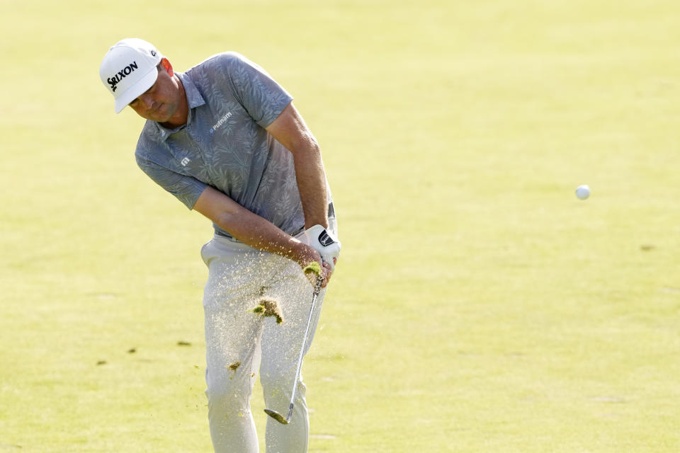 Keegan Bradley hits on the 14th hole during the second round of the U.S. Open golf tournament at The Country Club, Friday, June 17, 2022, in Brookline, Mass. (AP Photo/Robert F. Bukaty)