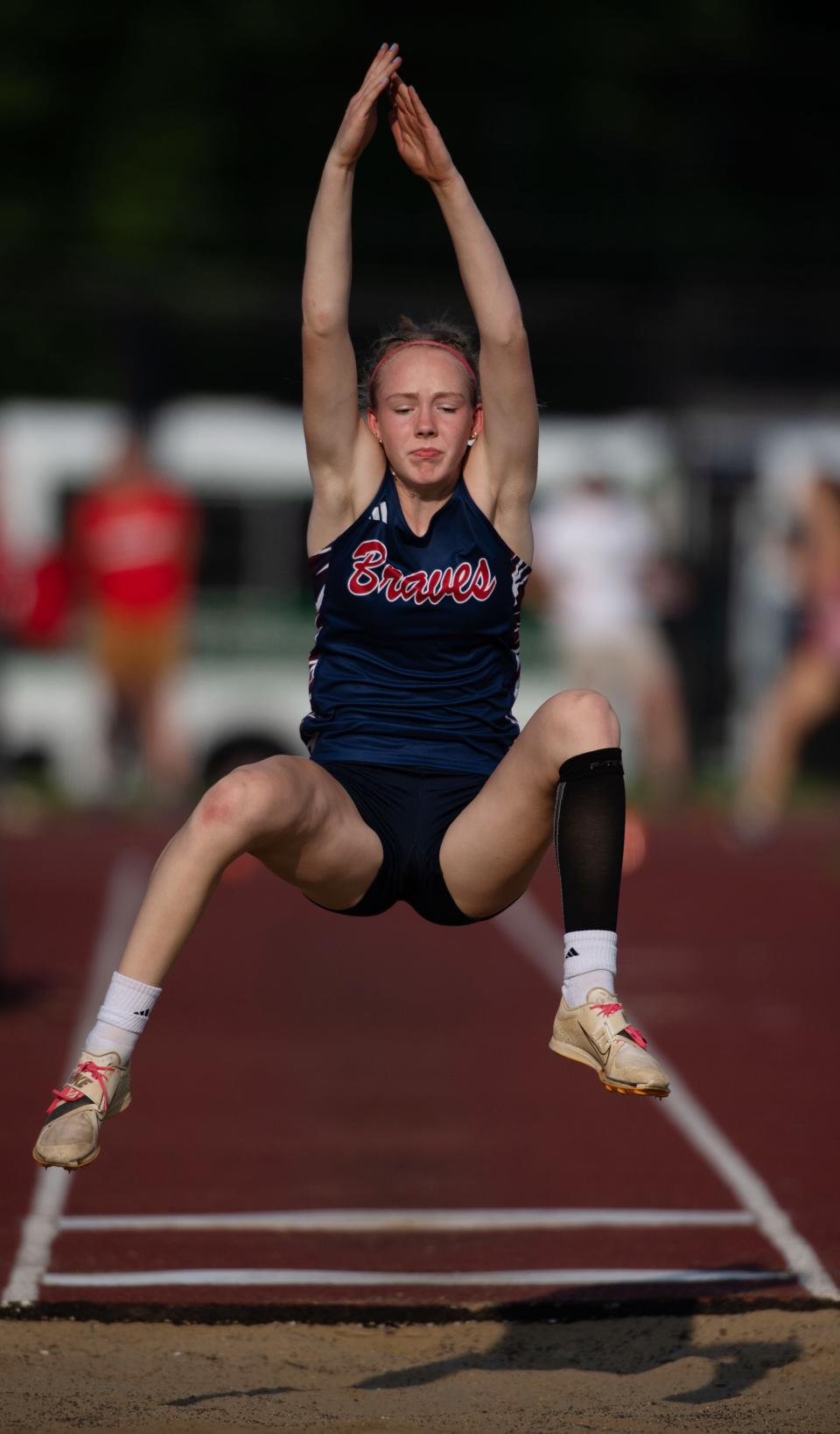 Tecumseh's Ava Kissel competes in the long jump during the IHSAA Girls Regional 8 Track & Field Meet at Central Stadium Tuesday evening, May 23, 2023. She placed third with a longest attempt at 17' 5 1/2".