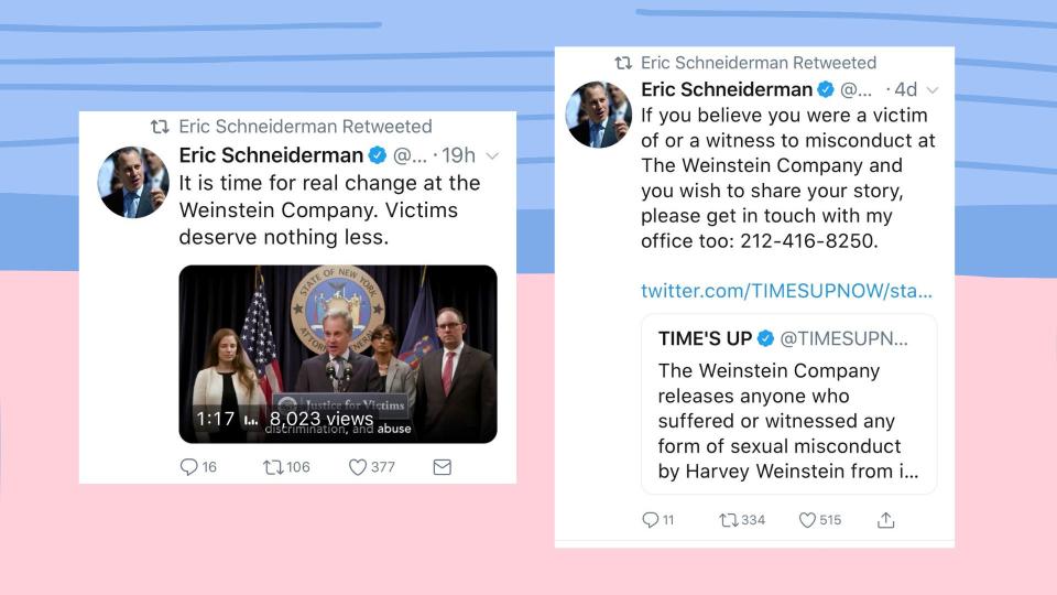 Two of Schneiderman's tweets expressing support for the Me Too and Time's Up movements. (Photo: Twitter)