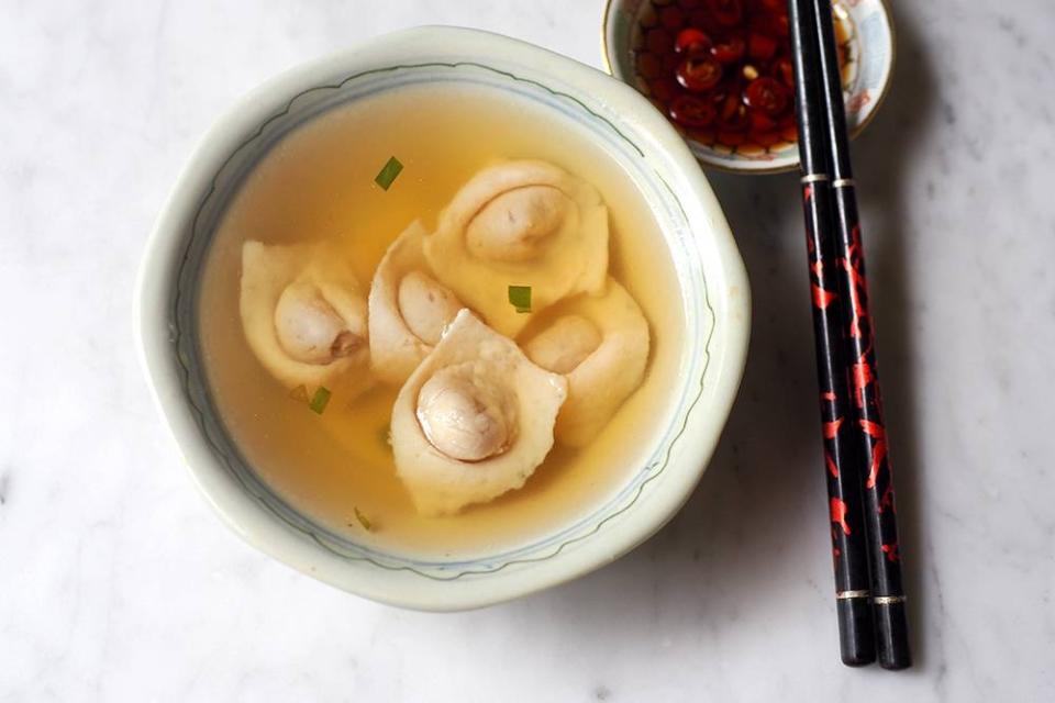 The fish skin dumplings have a nice chewy texture and a pork filling.